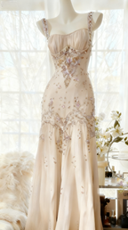 Ivory A Line Straps Beaded Chiffon Long Prom Dress Graduation Prom Dresses