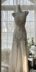 Ivory A Line Straps Beaded Chiffon Long Prom Dress Graduation Prom Dresses