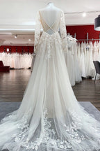 Ivory A Line Tulle Long Sleeves Lace Appliques Open Back Wedding Dresses
