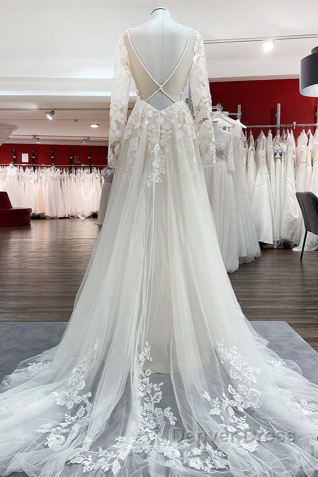 Ivory A Line Tulle Long Sleeves Lace Appliques Open Back Wedding Dresses