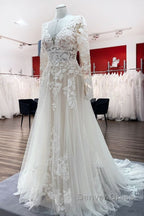 Ivory A Line Tulle Long Sleeves Lace Appliques Open Back Wedding Dresses