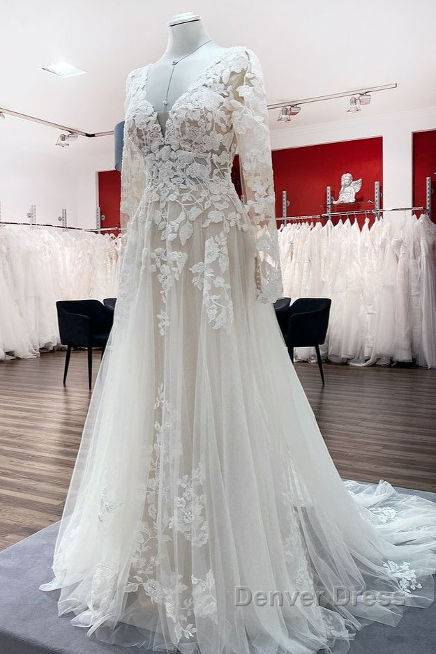Ivory A Line Tulle Long Sleeves Lace Appliques Open Back Wedding Dresses