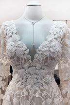 Ivory A-line Tulle Long Sleeves Lace Appliques Open Back Wedding Dresses