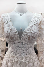 Ivory A Line Tulle Long Sleeves Lace Appliques Open Back Wedding Dresses