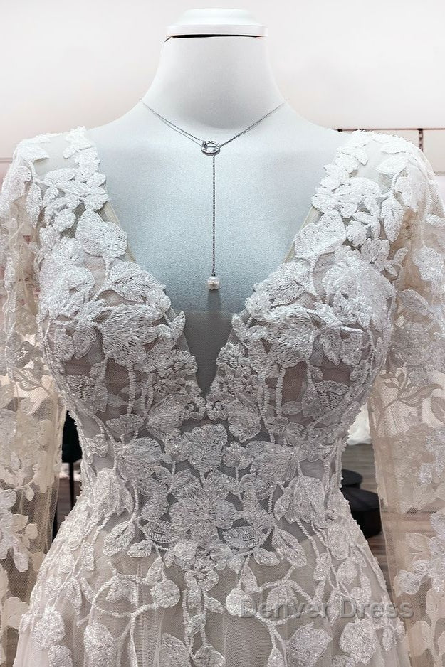 Ivory A Line Tulle Long Sleeves Lace Appliques Open Back Wedding Dresses