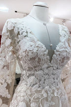 Ivory A Line Tulle Long Sleeves Lace Appliques Open Back Wedding Dresses