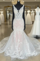 Ivory Appliques Plunge V Trumpet Long Bridal Gown Sexy