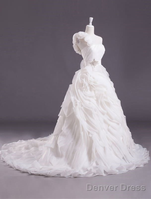 Ivory Ball Gowns One Shoulder Flower Court Train Wedding Dresses