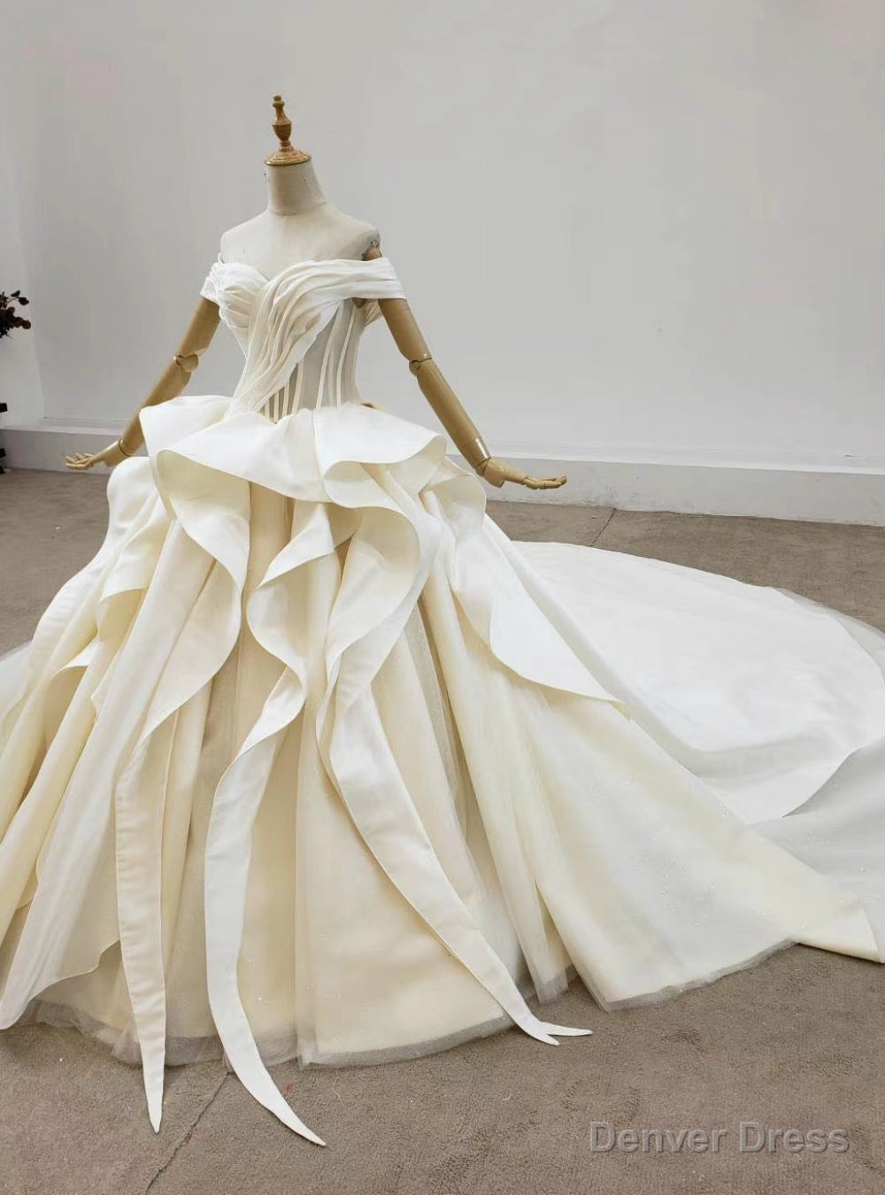Ivory Ball Gowns Satin Tulle Off the Shoulder Pleats Wedding Dresses Main image