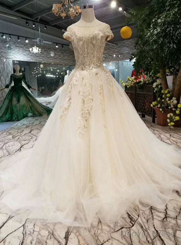 Ivory Ball Gowns Tulle Bateau Cap Sleeve Backless Wedding Dresses With Beading Main image