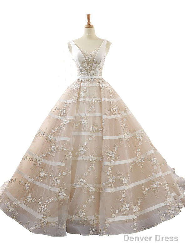 Ivory Ball Gown V-neck Backless Train Appliques Wedding Dress