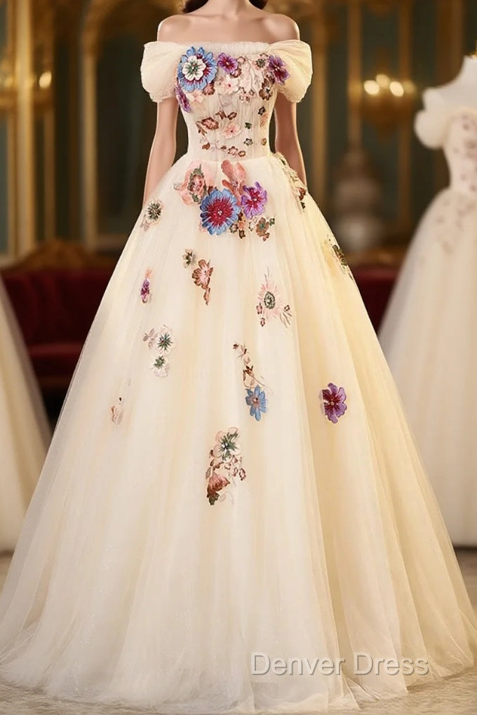 Ivory Ball Gowns With Flowers Sweetheart Prom Dress, Lovely Sweet 16 Dress Prom Dresses
