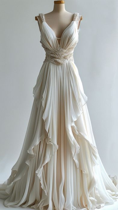 Ivory Beaded A-Line Prom Gowns Maxi Long Prom Dress Wedding Dresses With Ruffles Main image