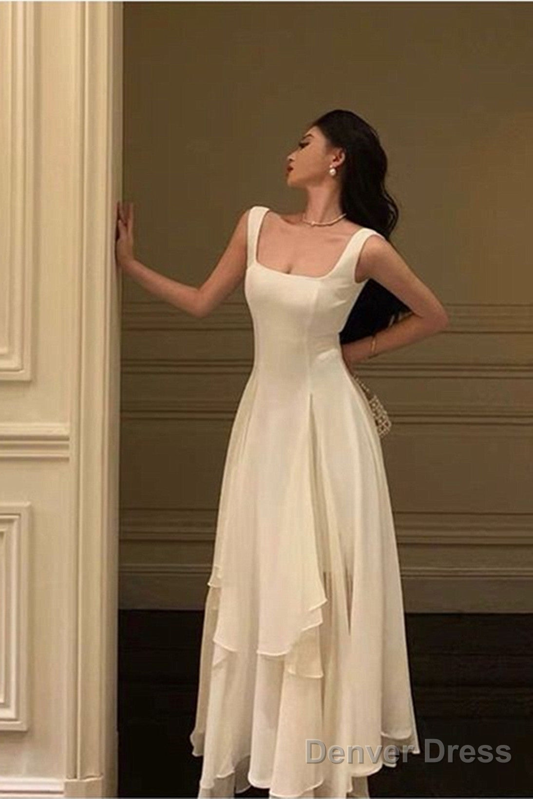 Ivory Chiffon Straps Long Party Dress Prom Dress, Ivory Formal Dress