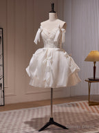 Ivory Chiffon with Lace Straps Short Prom Dress, Ivory Graduation Dress Prom Dresses