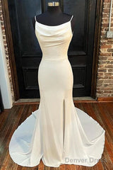 Ivory Cowl Neck Backless Mermaid Long Wedding Dress With Slit