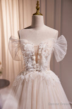 Ivory Floor Length Beaded Straps Prom Dress, Ivory Tulle Prom Dresses