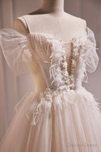 Ivory Floor Length Beaded Straps Prom Dress, Ivory Tulle Prom Dresses