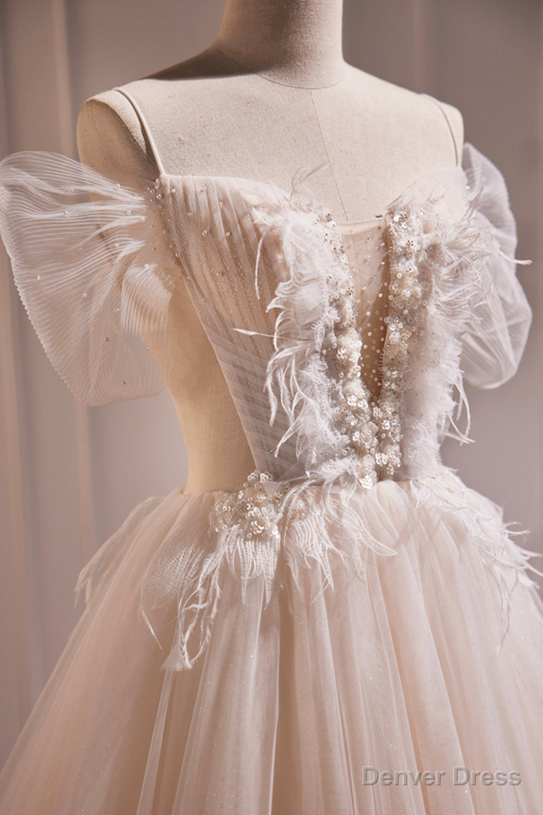Ivory Floor Length Beaded Straps Prom Dress, Ivory Tulle Prom Dresses