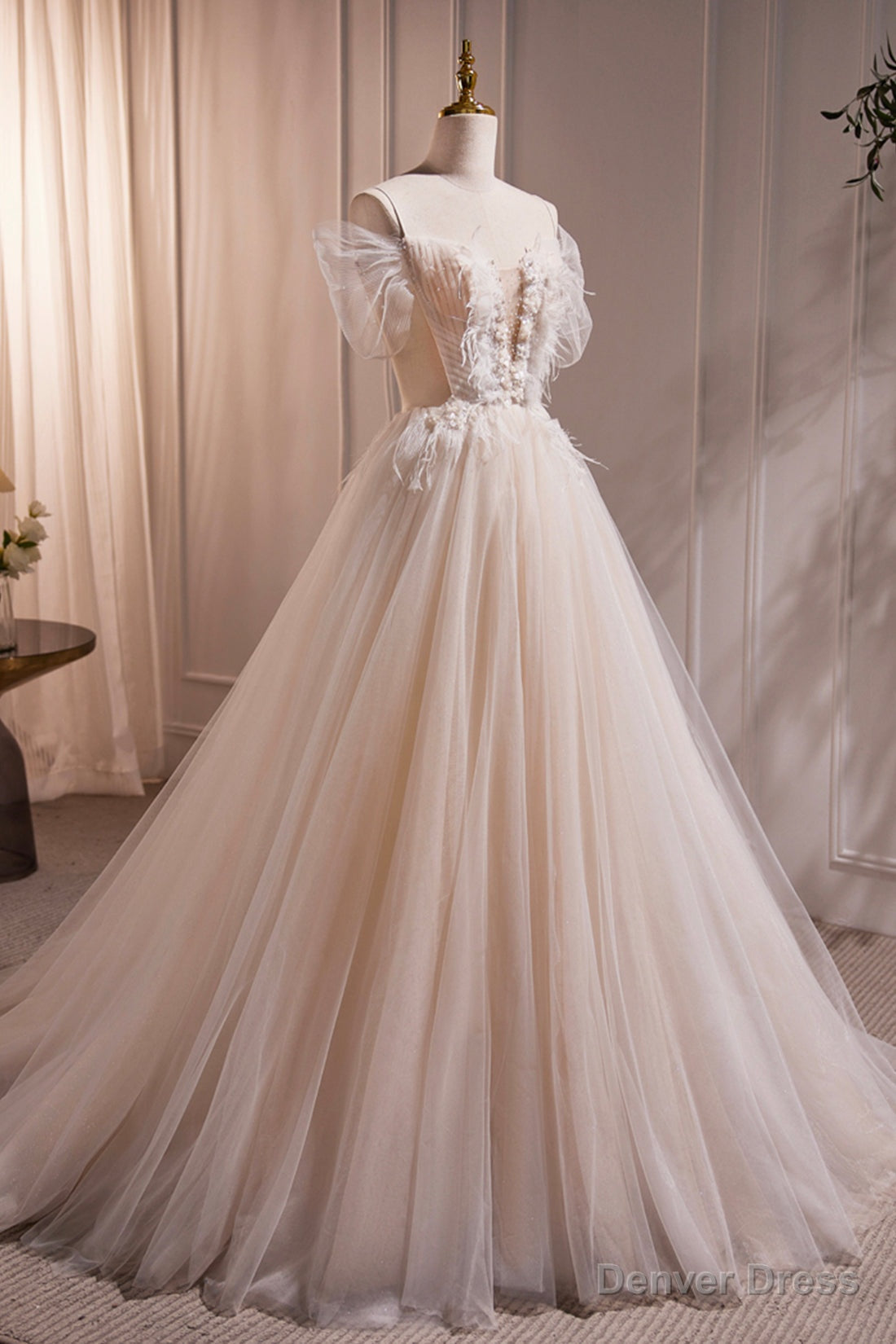 Ivory Floor Length Beaded Straps Prom Dress, Ivory Tulle Prom Dresses Main image