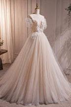 Ivory Floor Length Beaded Straps Prom Dress, Ivory Tulle Prom Dresses