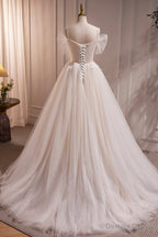 Ivory Floor Length Beaded Straps Prom Dress, Ivory Tulle Prom Dresses