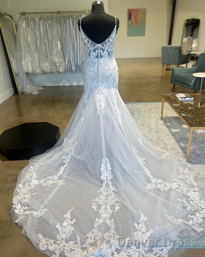Ivory Floral Lace Plunge V Trumpet Long Bridal Gown Wedding Dresses Secondary image