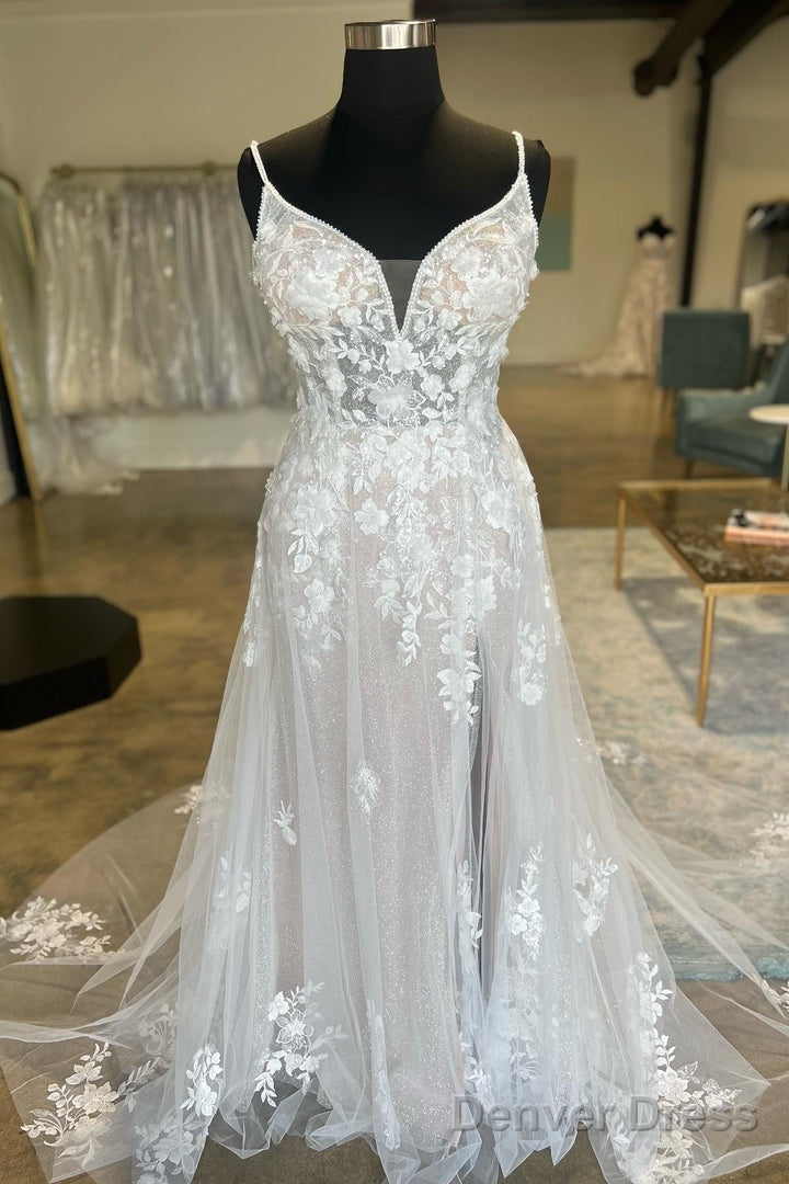 Ivory Floral Lace Spaghetti Strap Long Bridal Gown Wedding Dresses