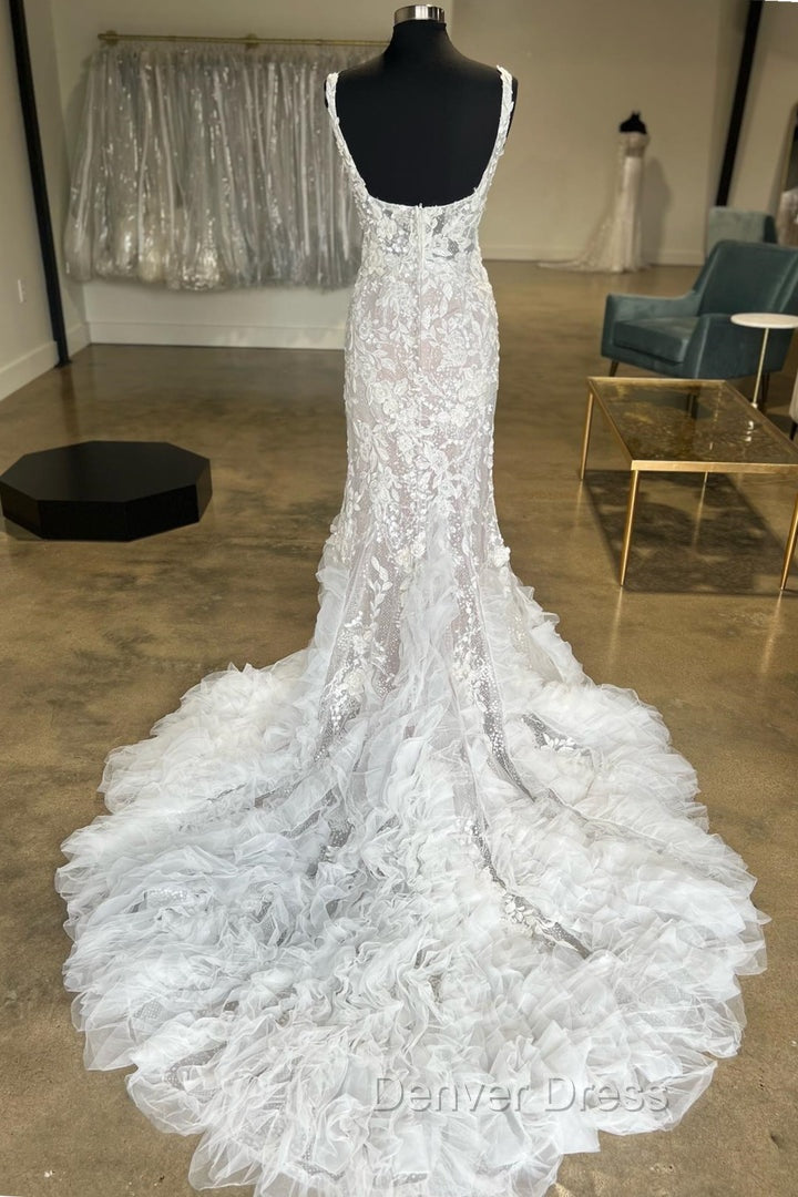 Ivory Floral Lace Square Neck Ruffles Long Wedding Gown Beautiful