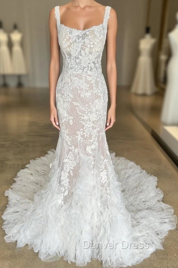 Ivory Floral Lace Square Neck Ruffles Long Wedding Gowns Beautiful Main image