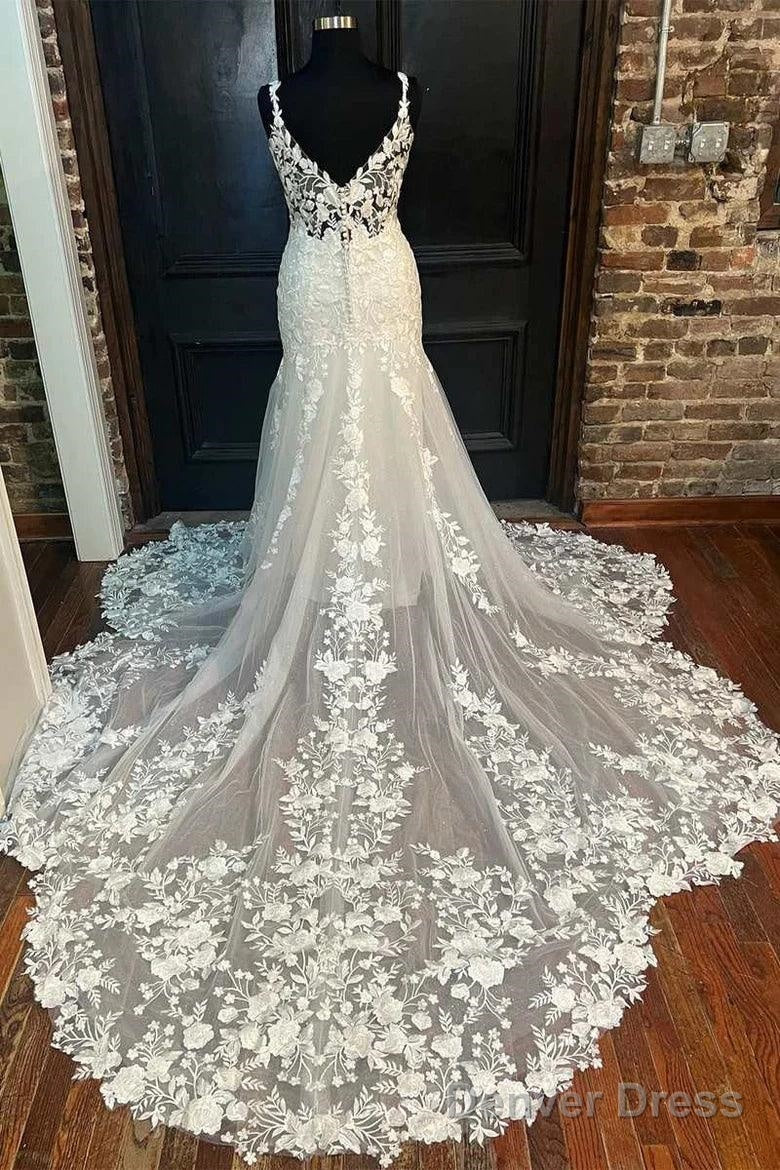 Ivory Floral Lace V-Neck Mermaid Long Wedding Dress Bridal Gown Secondary image