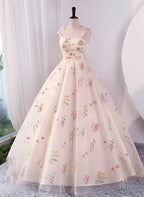 Ivory Floral Tulle Ball Gowns Straps Sweet 16 Dress, Ivory Long Prom Dress