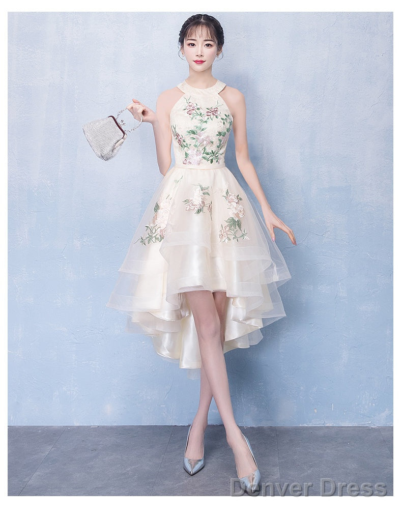 Ivory High Low Halter Tulle Layers Homecoming Dress, High Low Prom Dress