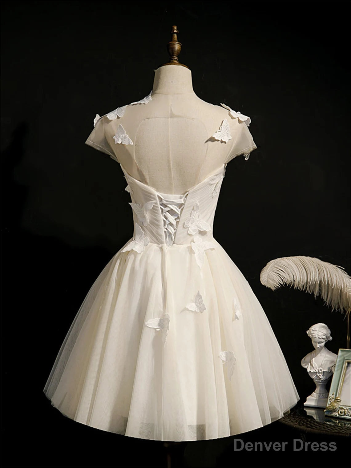 Ivory Homecoming Dress With Cap Sleeves, Butterfly Appliques Short Prom Dresses