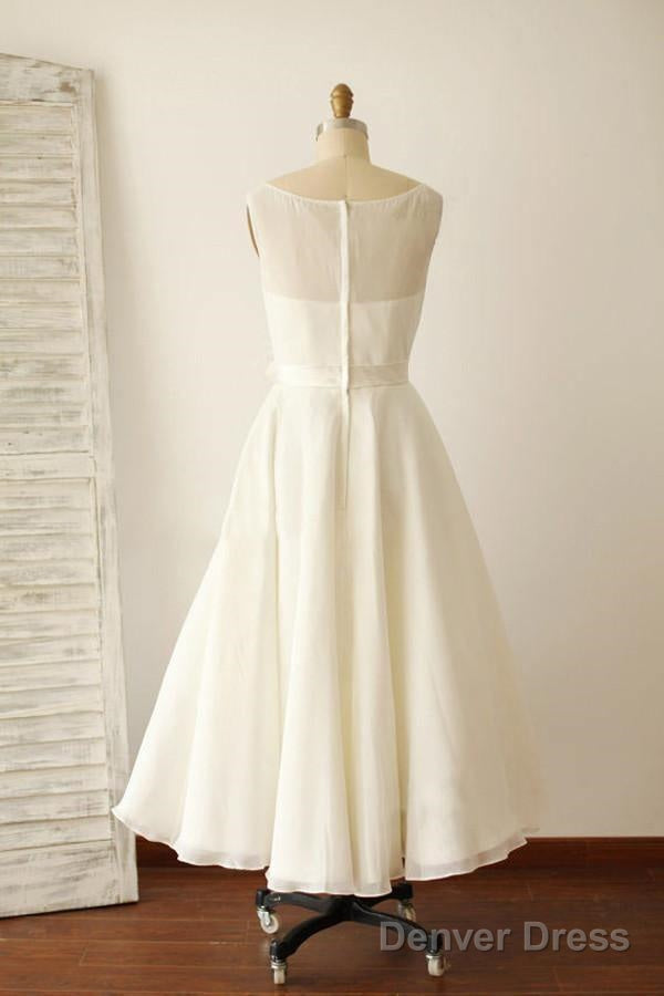 Ivory Illusion Boat Neck Tea Length Sleeveless Wedding Dresses Secondary image