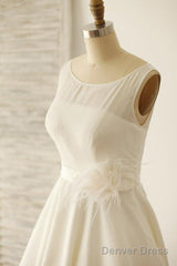 Ivory Illusion Boat Neck Tea Length Sleeveless Wedding Dresses
