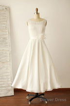 Ivory Illusion Boat Neck Tea Length Sleeveless Wedding Dresses