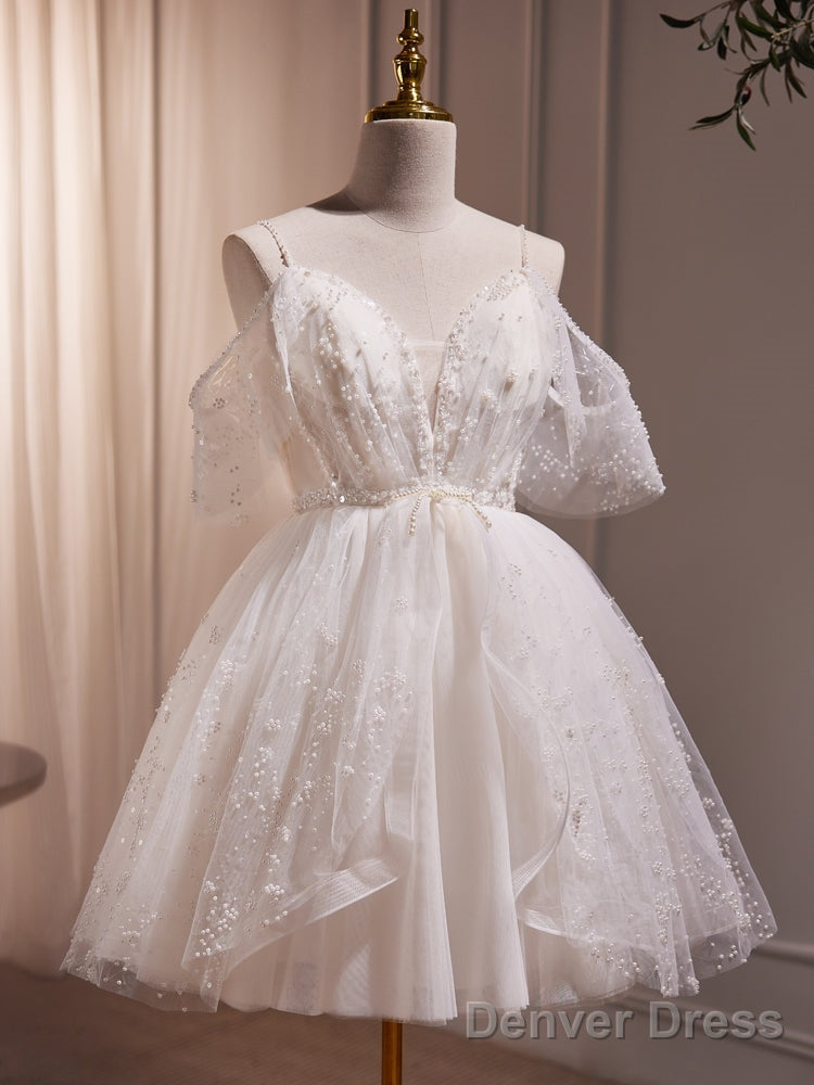 Ivory Knee Length V Neckline Beaded Straps Prom Dress, Ivory Homecoming Dresses