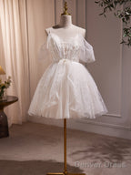 Ivory Knee Length V Neckline Beaded Straps Prom Dress, Ivory Homecoming Dresses