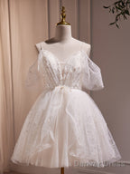 Ivory Knee Length V Neckline Beaded Straps Prom Dress, Ivory Homecoming Dresses