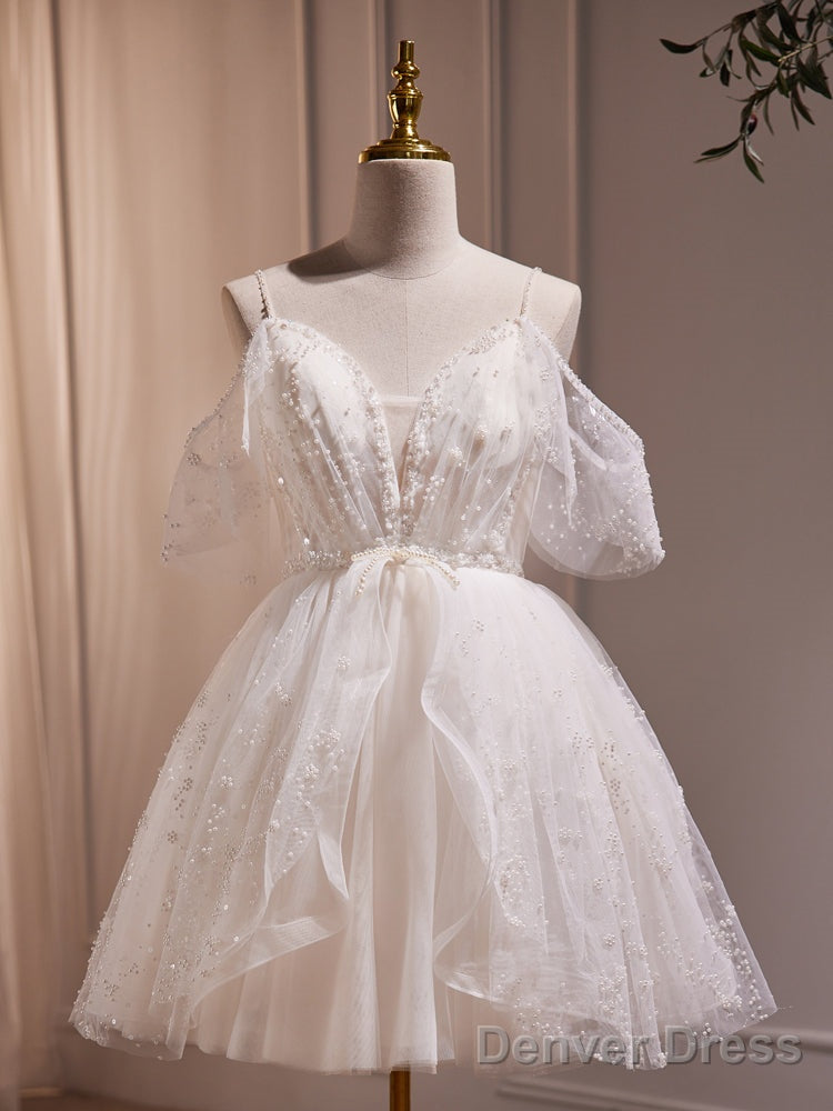Ivory Knee Length V Neckline Beaded Straps Prom Dress, Ivory Homecoming Dresses