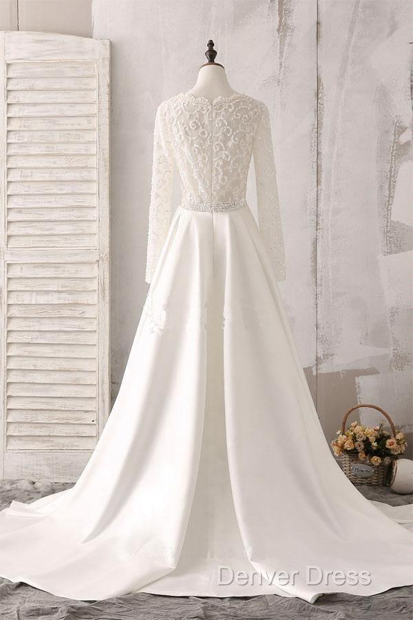 Ivory Lace And Satin V-Neck Long Sleeve Beaded Wedding Dresses Secondary image