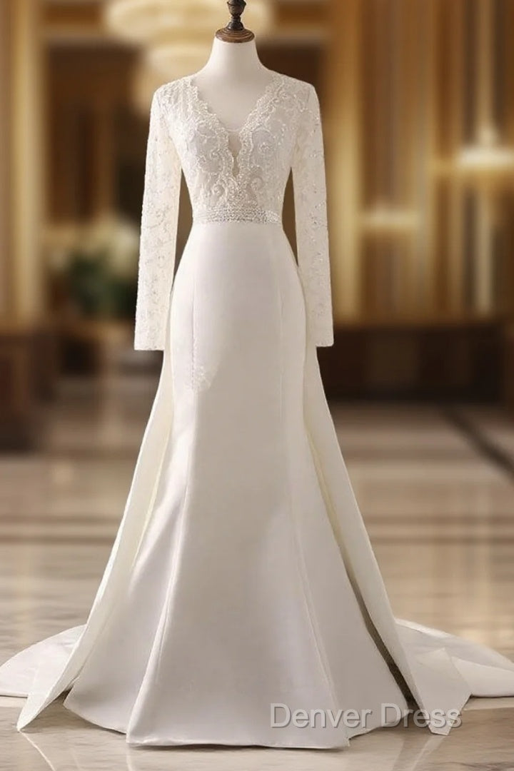 Ivory Lace And Satin V-Neck Long Sleeve Beaded Wedding Dresses