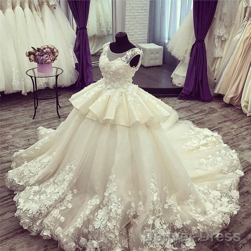 Ivory Lace Flowers Beaded Scoop Neckline Ball Gowns Wedding Dresses