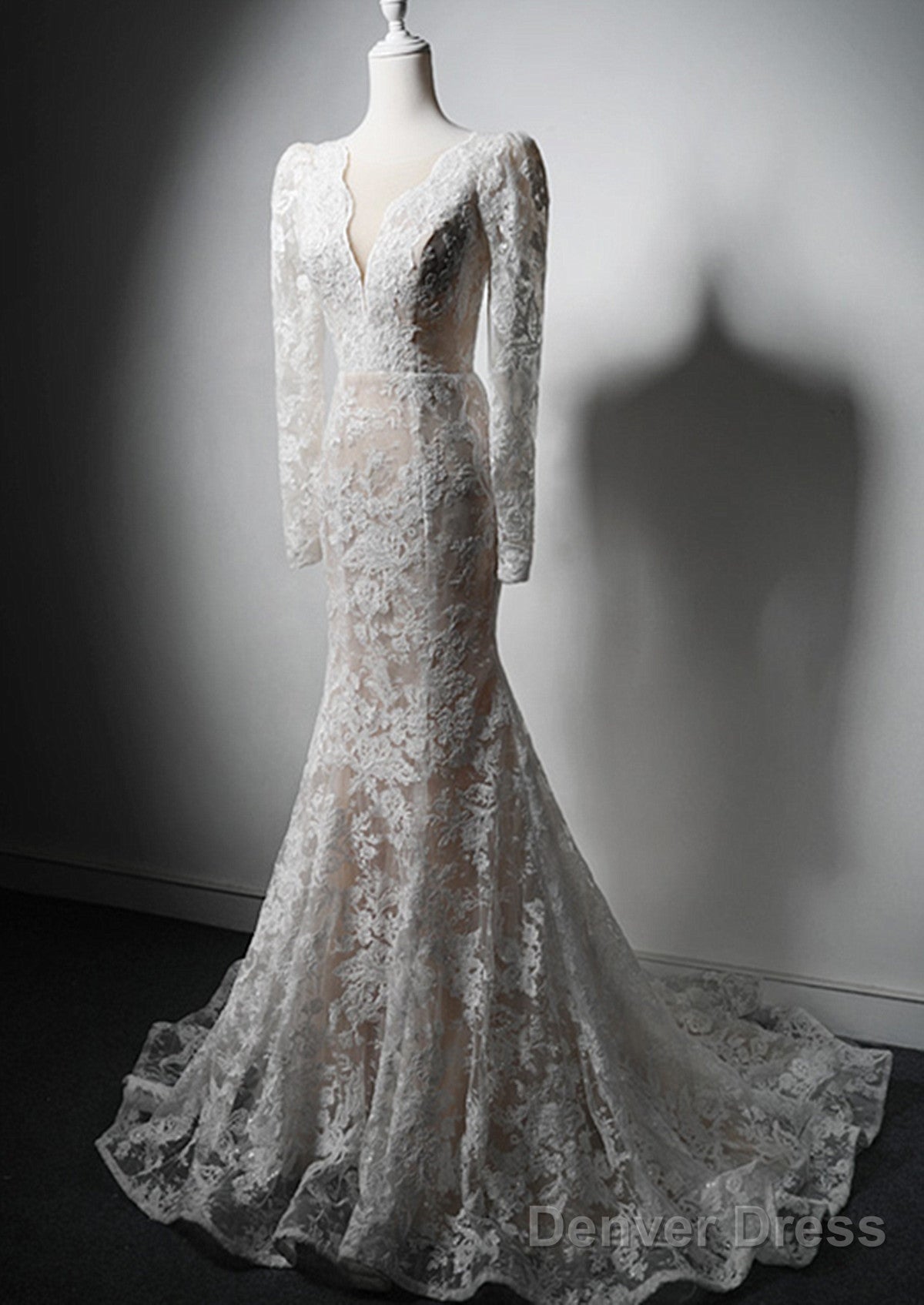 Ivory Lace Mermaid Long Sleeves Formal Dress, Lace Wedding Party Dress Secondary image