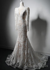 Ivory Lace Mermaid Long Sleeves Formal Dress, Lace Wedding Party Dress