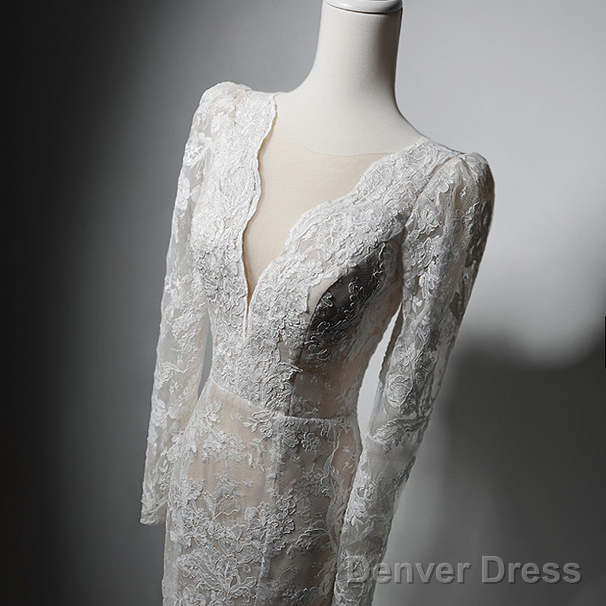 Ivory Lace Mermaid Long Sleeves Prom Dress, Lace Wedding Prom Dresses