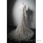 Ivory Lace Mermaid Long Sleeves Prom Dress, Lace Wedding Prom Dresses