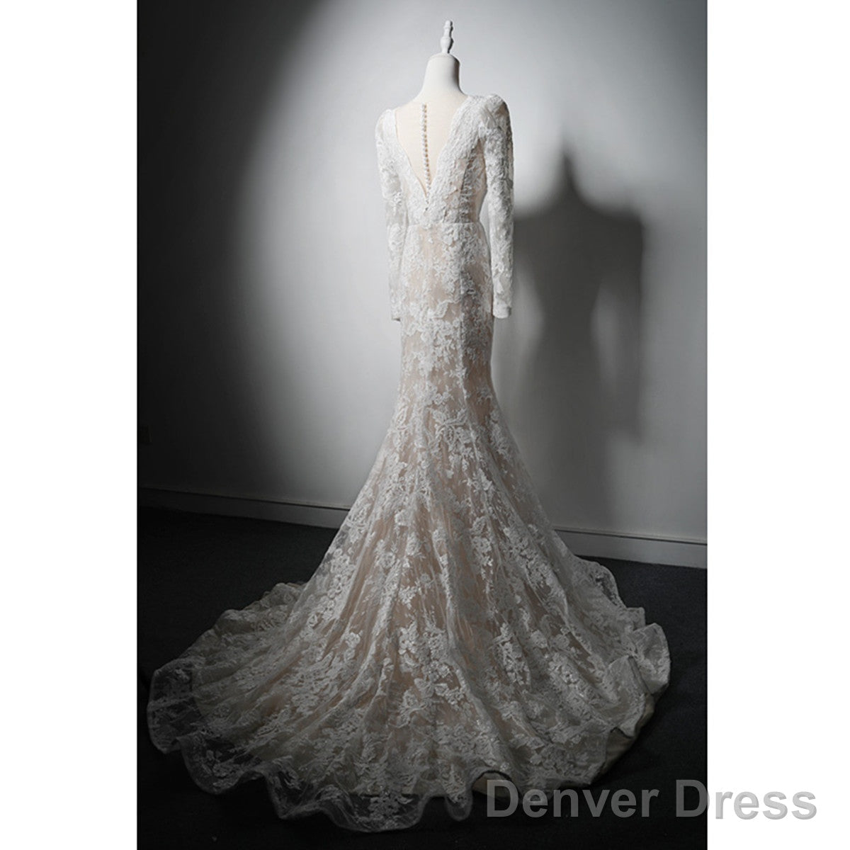 Ivory Lace Mermaid Long Sleeves Prom Dress, Lace Wedding Prom Dresses