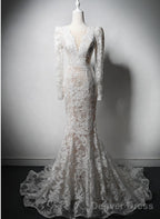 Ivory Lace Mermaid Long Sleeves Prom Dress, Lace Wedding Prom Dresses